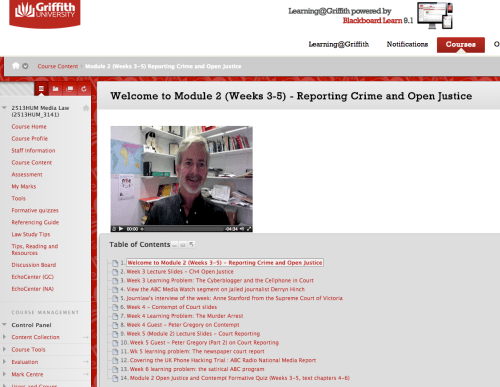 The Course Content part of the Learning@Griffith site for the Media Law course